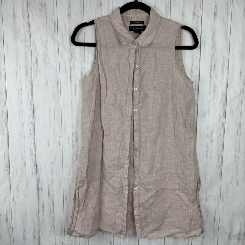 Tahari 100% linen small cream tan tank